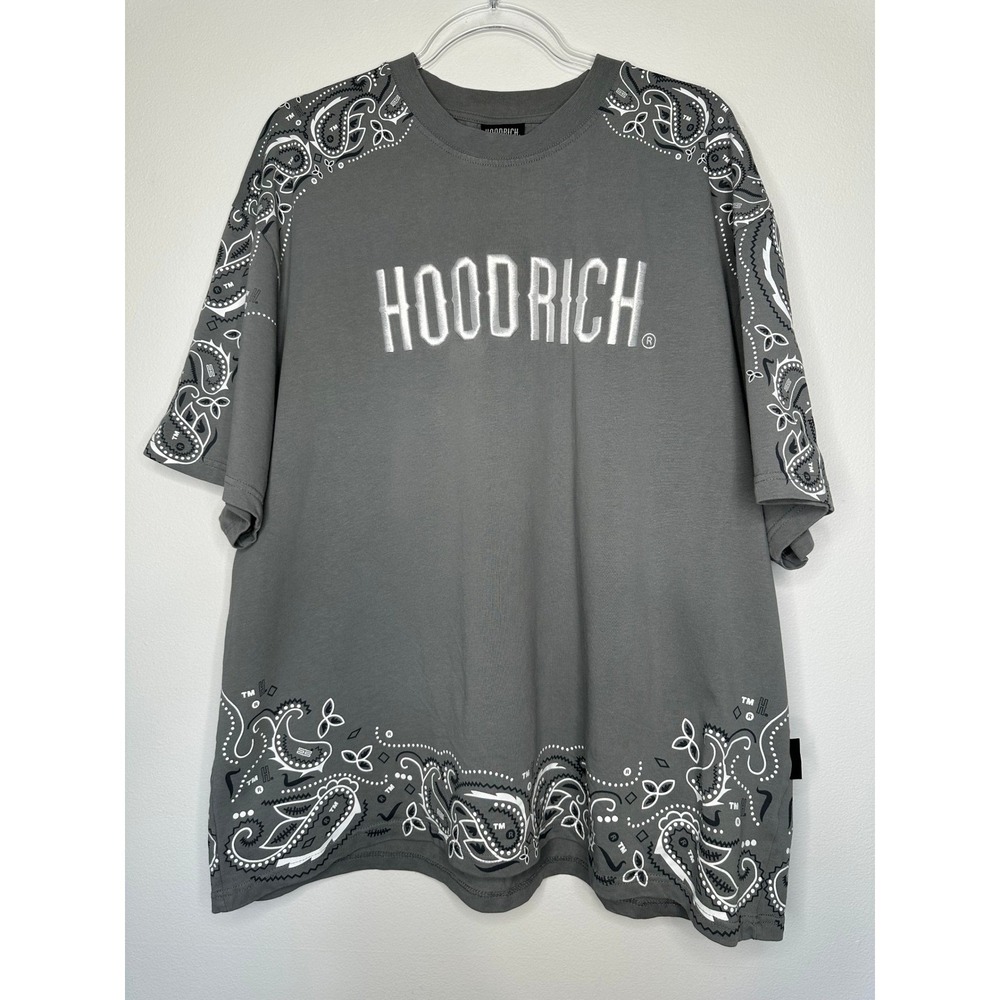 Hood Rich Bandana Print Logo T-Shirt Size 2XL Gray Embroidered‎ Paisley Cotton